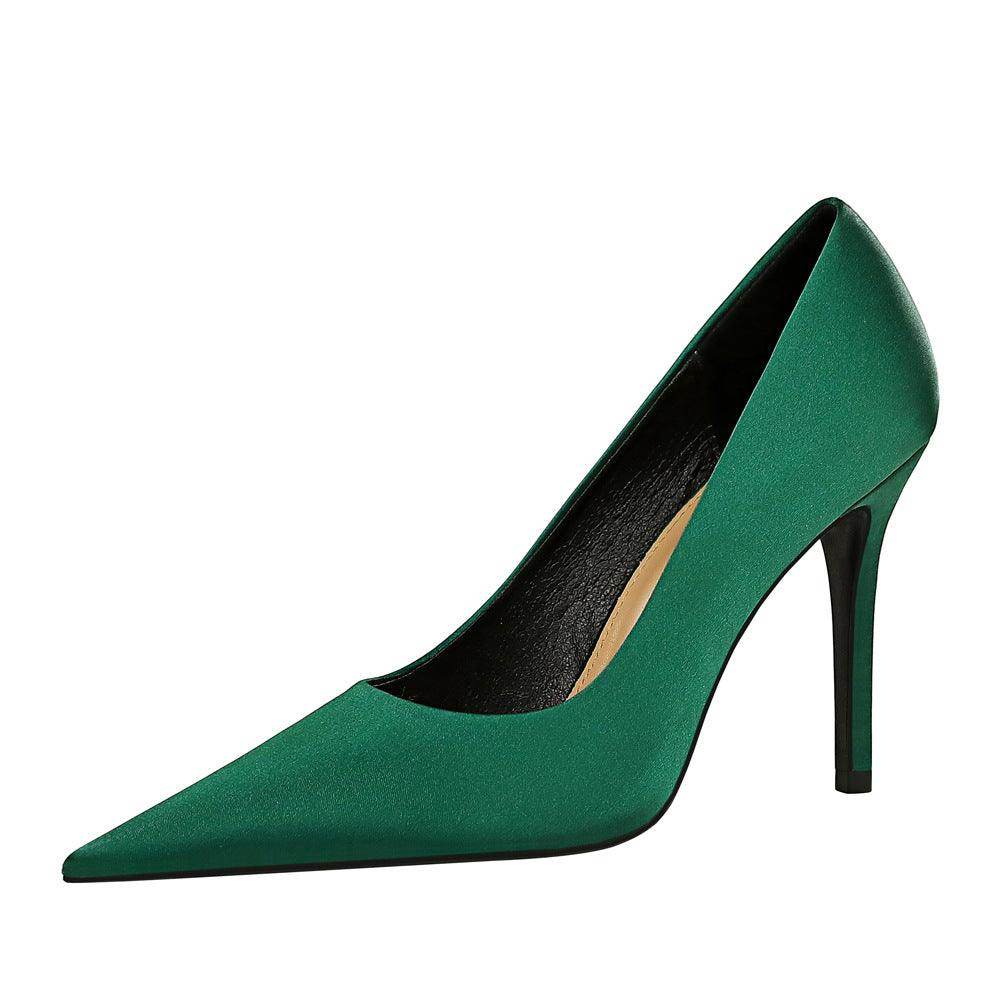 Green Satin Pointy Stiletto Heels 664584349468 - COCOMELODY